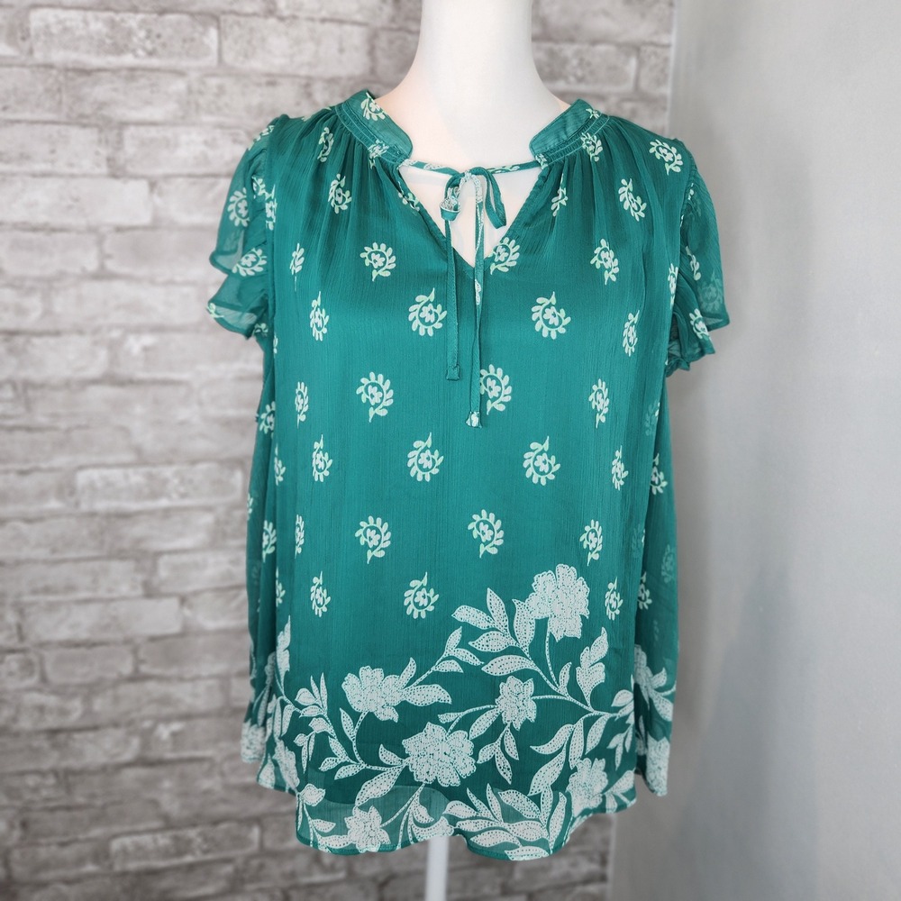 LC Lauren Conrad Flutter Sleeve Blouse Green Floral Boho Romantic XL